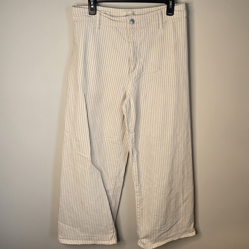 Chino Wide Leg Sailor Pants Womens 12 Nautical Beachy Boho Ivory Stripe Cotton - Picture 2 of 11